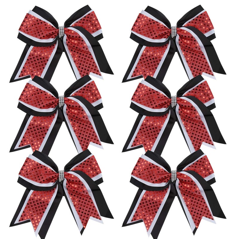 Cheerleader Bows 8 Inch 3 Layers 6 Pcs Ponytail Holder Jumbo Cheerleading Bows Hair Elastic Hair Tie for High School College BlackWhiteRed