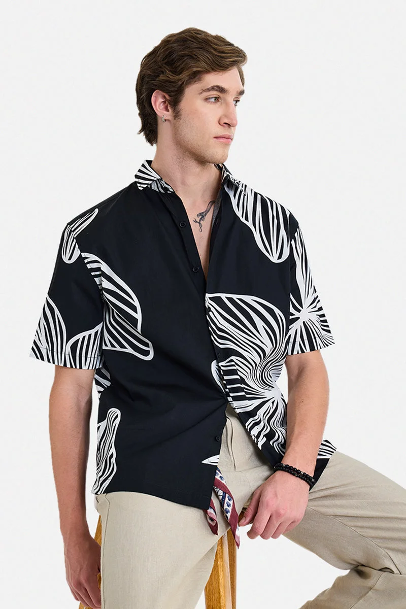 سنيتش Black Floral Half Sleeve Slim Fit Shirt