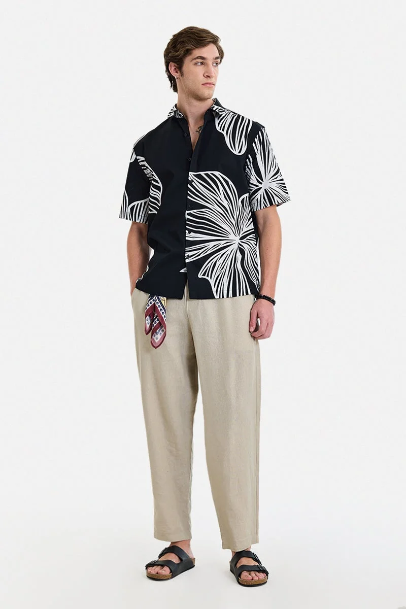 سنيتش Black Floral Half Sleeve Slim Fit Shirt