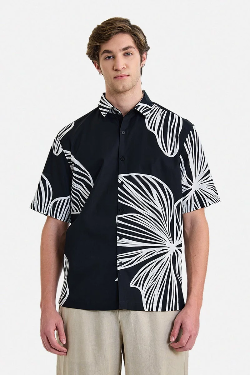 سنيتش Black Floral Half Sleeve Slim Fit Shirt