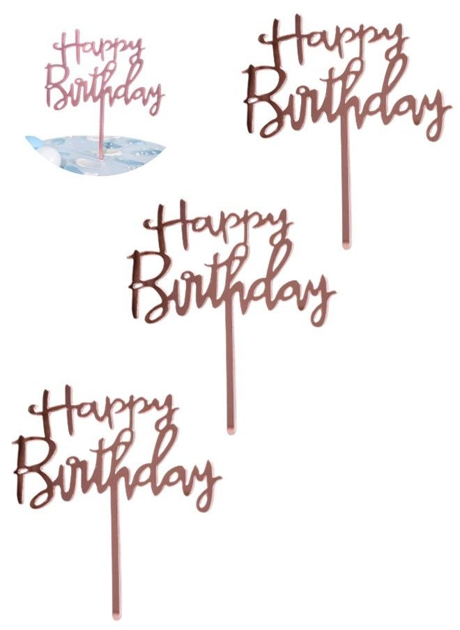 We Happy Pack of 3 Happy Birthday Cake Topper Mirrored Acrylic Cupcake Topper Perfect for Decorations and Party Supplies Rose Gold  - Image 1