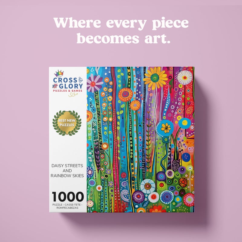 Cross & Glory - Daisy Streets and Rainbow Skies - 1000 Piece Jigsaw Puzzle for Adults | Abstract Cityscape Puzzle | 20x27 Inches | Flower Puzzles - Image 2