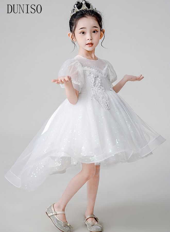 DUNISO Girls Dress Kids Short Sleeves Lace Party Dresses White Dress with Tutu Skirt Toddler Princess Birthday Party Wedding Dresses - Image 1