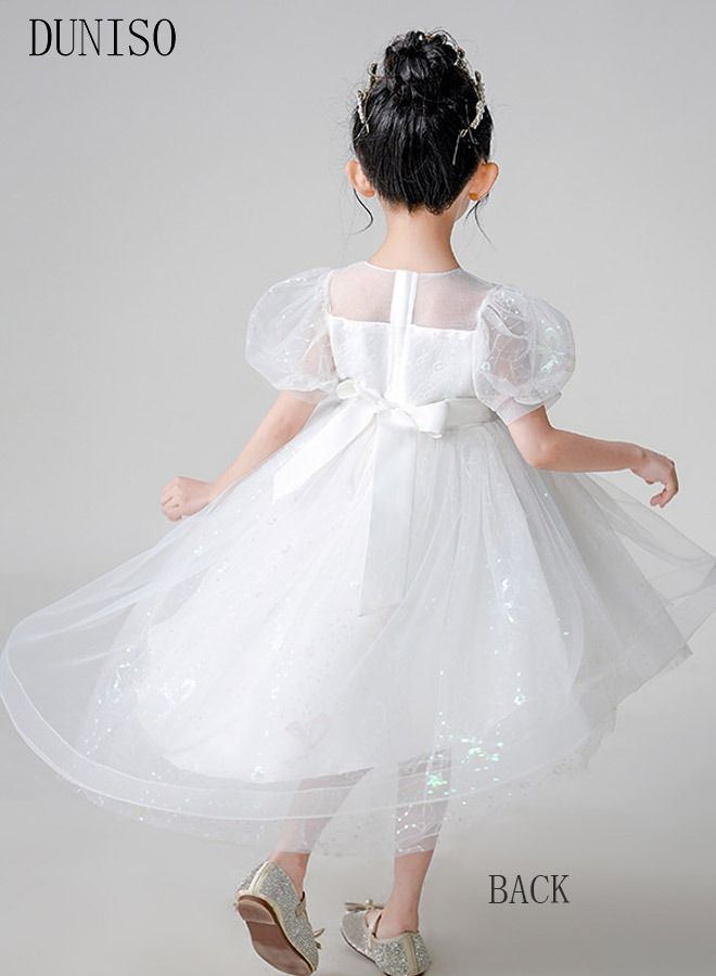 DUNISO Girls Dress Kids Short Sleeves Lace Party Dresses White Dress with Tutu Skirt Toddler Princess Birthday Party Wedding Dresses - Image 3