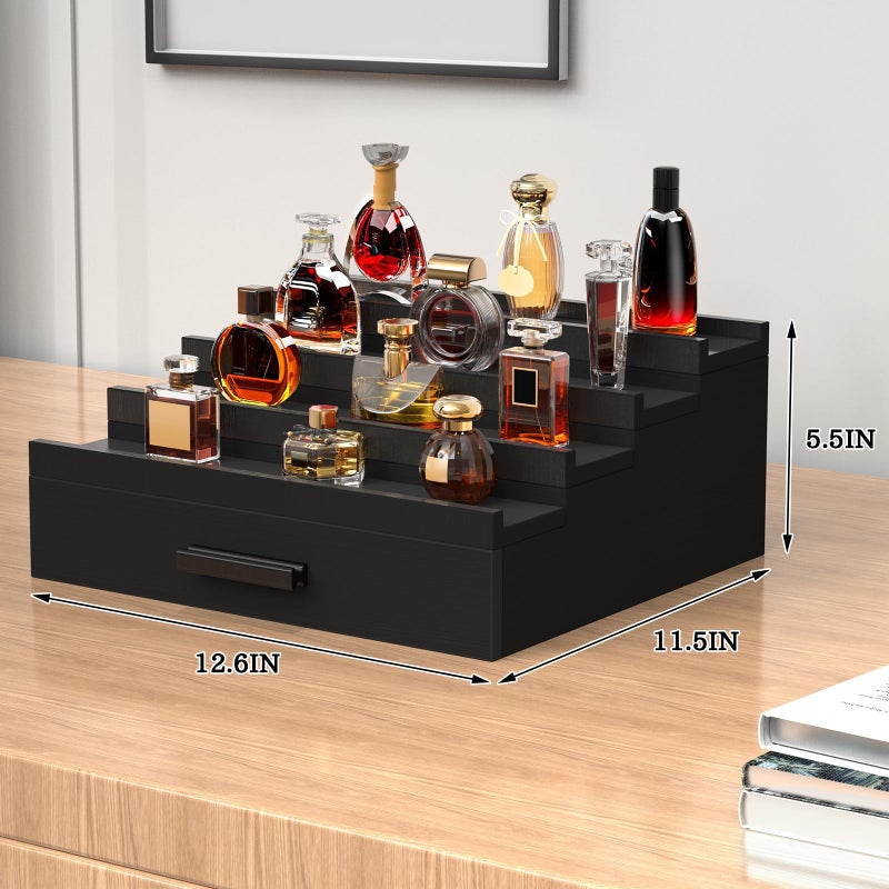 Zaldia Wooden Cologne Organizer for Men 4 Tier of Perfume Display Holder of Drawer & 2 Hidden Compartments Larger Storage Space Mens Perfume Organizer Shelf Stand,Gift for Man (4T-Black) - Image 4