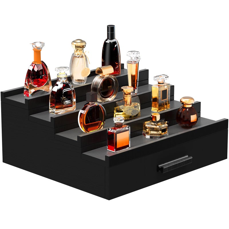 Zaldia Wooden Cologne Organizer for Men 4 Tier of Perfume Display Holder of Drawer & 2 Hidden Compartments Larger Storage Space Mens Perfume Organizer Shelf Stand,Gift for Man (4T-Black) - Image 1