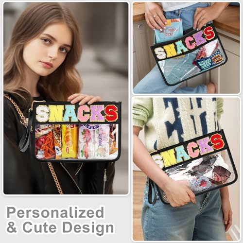 TESAFNG Snack Bag for Travel - Clear Chenille Varsity Letter Flat Pouch with Zipper, Waterproof Clear PVC&PU Preppy Patch Makeup Cosmetic tote Bags for Women Girls (Black-Snacks) - Image 4