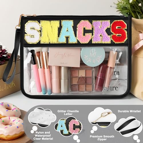 TESAFNG Snack Bag for Travel - Clear Chenille Varsity Letter Flat Pouch with Zipper, Waterproof Clear PVC&PU Preppy Patch Makeup Cosmetic tote Bags for Women Girls (Black-Snacks) - Image 3