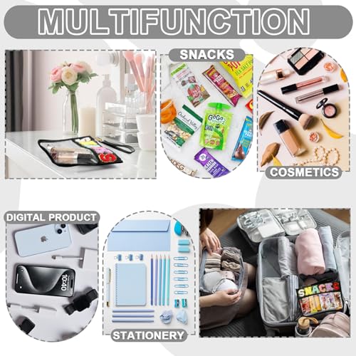 TESAFNG Snack Bag for Travel - Clear Chenille Varsity Letter Flat Pouch with Zipper, Waterproof Clear PVC&PU Preppy Patch Makeup Cosmetic tote Bags for Women Girls (Black-Snacks) - Image 5