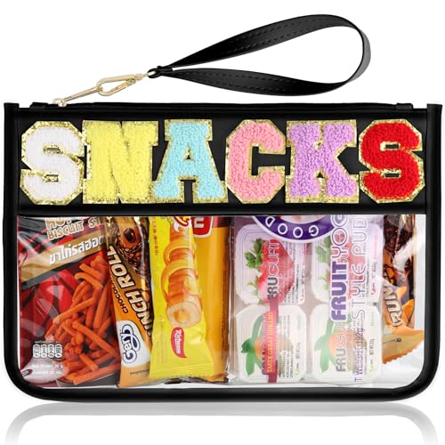 TESAFNG Snack Bag for Travel - Clear Chenille Varsity Letter Flat Pouch with Zipper, Waterproof Clear PVC&PU Preppy Patch Makeup Cosmetic tote Bags for Women Girls (Black-Snacks) - Image 1