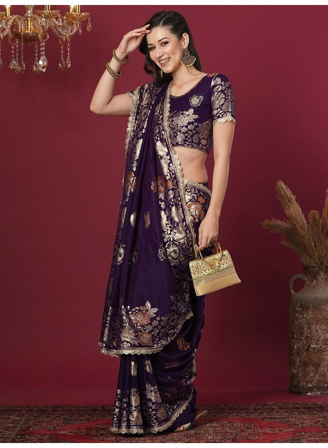 Satrani Women's Cotton Silk Banarasi Jacquard Saree with Unstitched Blouse Piece (4067S6421N_Dark Purple) - Image 2