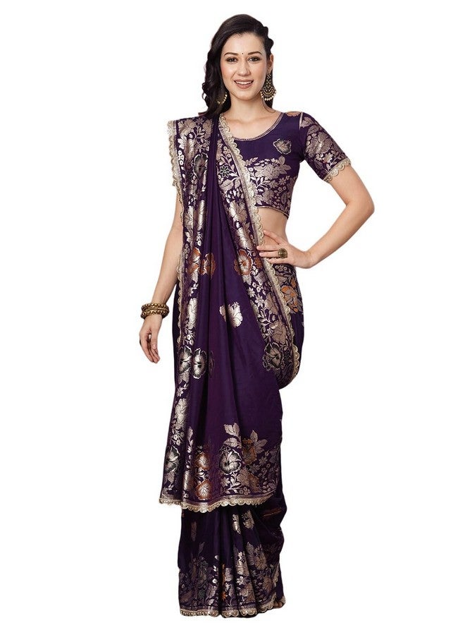 Satrani Women's Cotton Silk Banarasi Jacquard Saree with Unstitched Blouse Piece (4067S6421N_Dark Purple) - Image 1