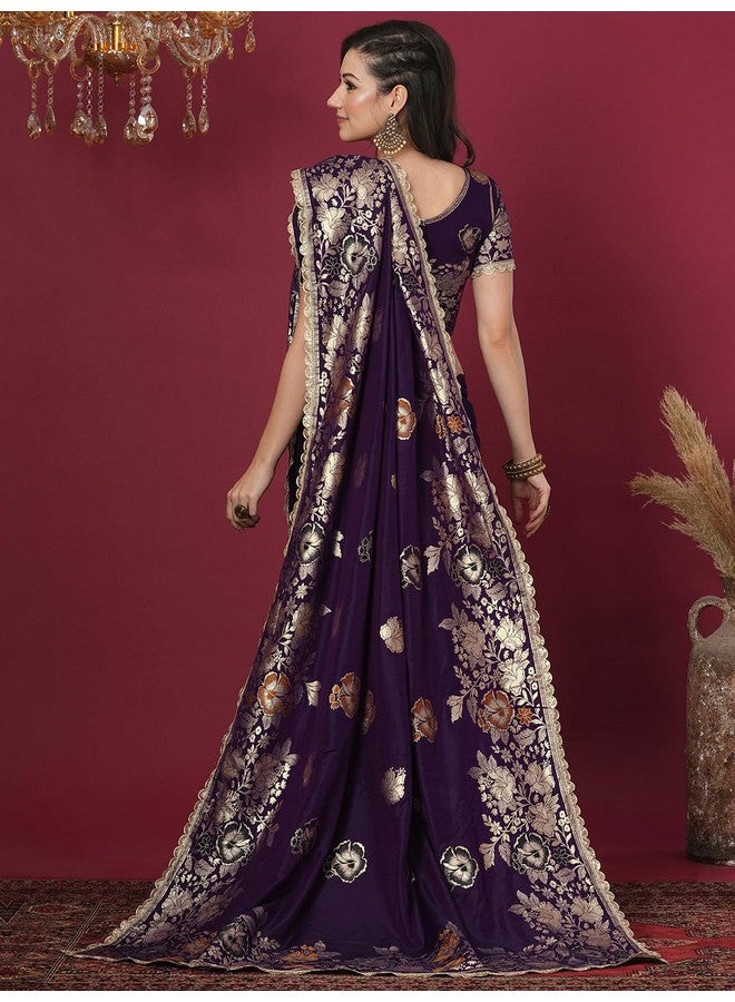 Satrani Women's Cotton Silk Banarasi Jacquard Saree with Unstitched Blouse Piece (4067S6421N_Dark Purple) - Image 3