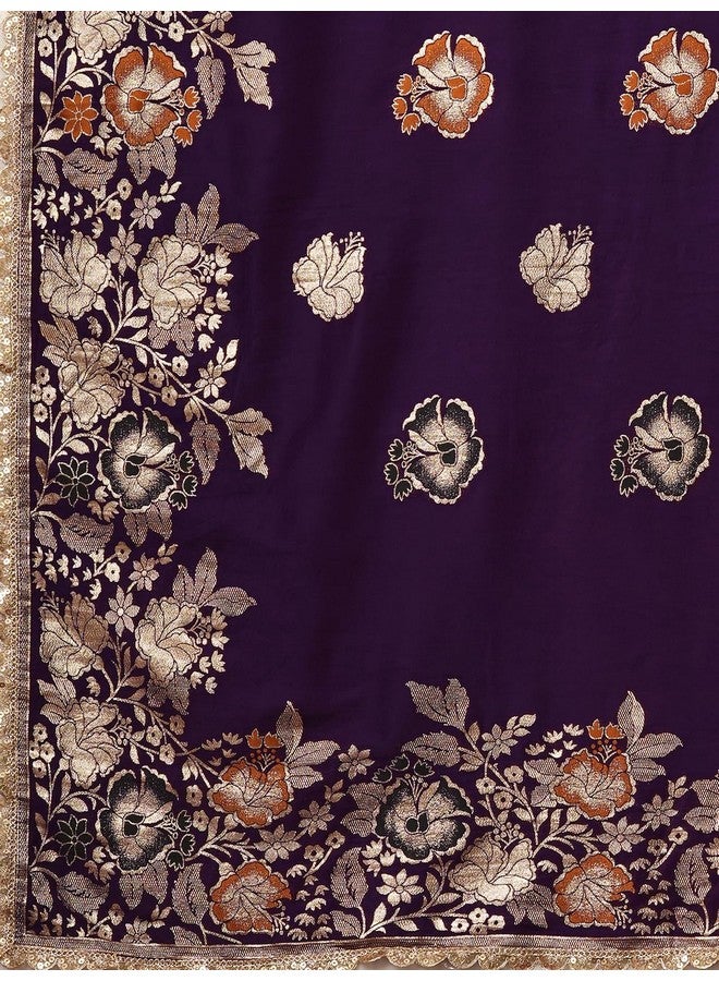 Satrani Women's Cotton Silk Banarasi Jacquard Saree with Unstitched Blouse Piece (4067S6421N_Dark Purple) - Image 4