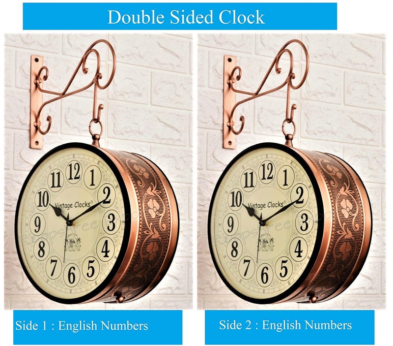 Vintage Clock Iron Handcrafted Double Side Analog Clock With English Numbers 1 Year Warranty (6 Inches Size, Rose Gold Finish, Floral Design, Vc-65471) - Image 2
