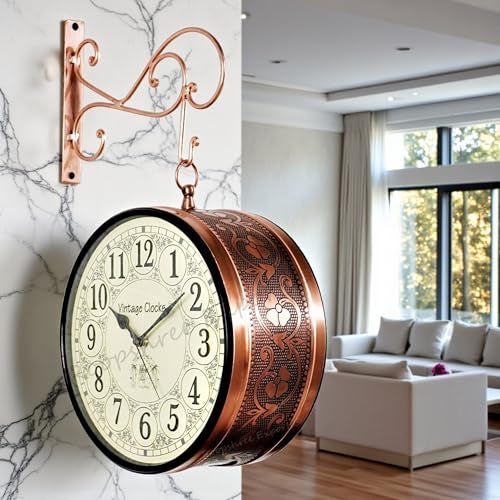 Vintage Clock Iron Handcrafted Double Side Analog Clock With English Numbers 1 Year Warranty (6 Inches Size, Rose Gold Finish, Floral Design, Vc-65471) - Image 1