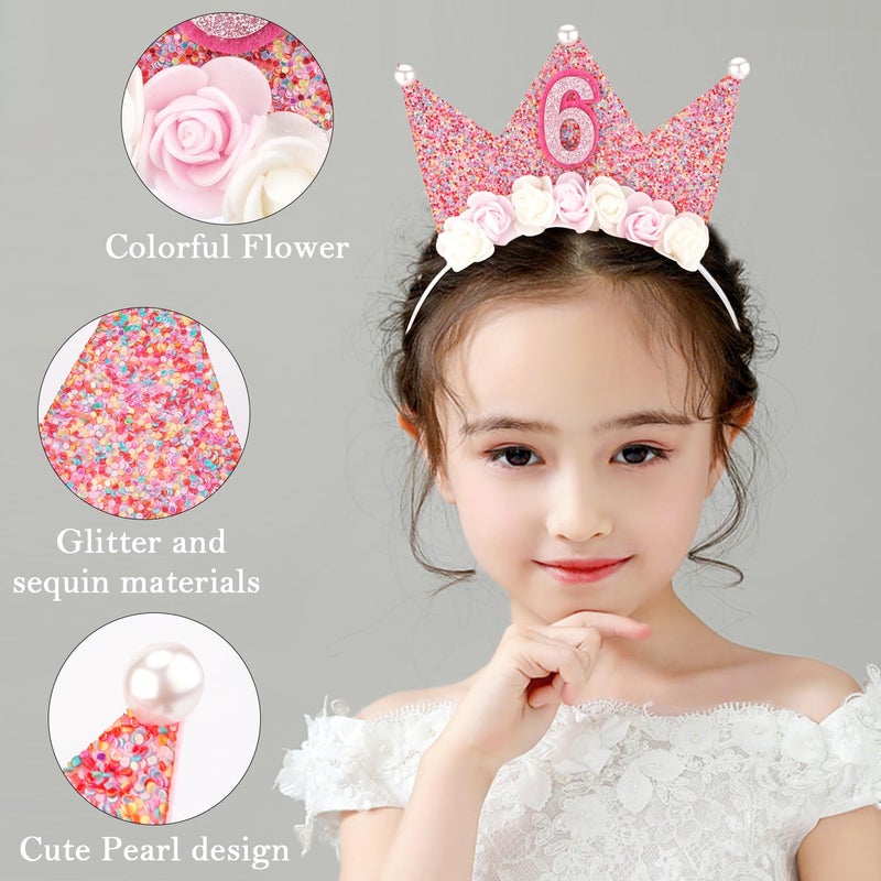 SuPoo Birthday Decorations for Girls - 6th Birthday Headband Crown, Glitter Hair Band, Flower Princess Tiara Hair Accessory for Party - Image 5