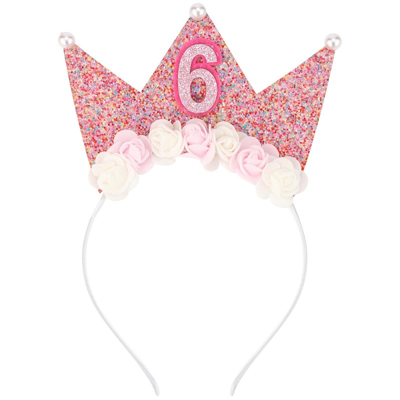 SuPoo Birthday Decorations for Girls - 6th Birthday Headband Crown, Glitter Hair Band, Flower Princess Tiara Hair Accessory for Party - Image 1