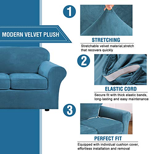 H.VERSAILTEX Real Velvet Plush 3 Piece Stretch Sofa Covers Couch Covers for 2 Cushion Couch Loveseat Covers Width Up to 72 Inch Thick Soft Stay in Place (Medium Sofa, Peacock Blue) - Image 3