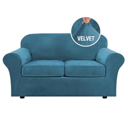 H.VERSAILTEX Real Velvet Plush 3 Piece Stretch Sofa Covers Couch Covers for 2 Cushion Couch Loveseat Covers Width Up to 72 Inch Thick Soft Stay in Place (Medium Sofa, Peacock Blue) - Image 1