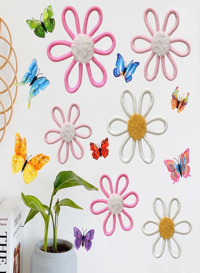 KUNHEHO Boho Wall Decor Set of 6 Daisy Flower With Butterflies Wall Decor Nursery Wall Decors Bohemian Macrame Wall Hanging Decor for Nursery Home Bedroom (3 colors) - Image 1