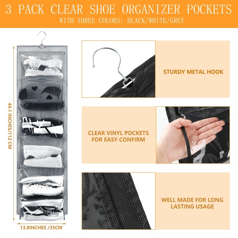 Barydat 3 Pcs Dual Sided Hanging Shoe Organizer 12 Clear Pockets Mesh Hanging Shoe Rack Holder with Rotating Hanger for Closet Storage Men Women Handbags Kids Clothing, Grey, White and Black - Image 2