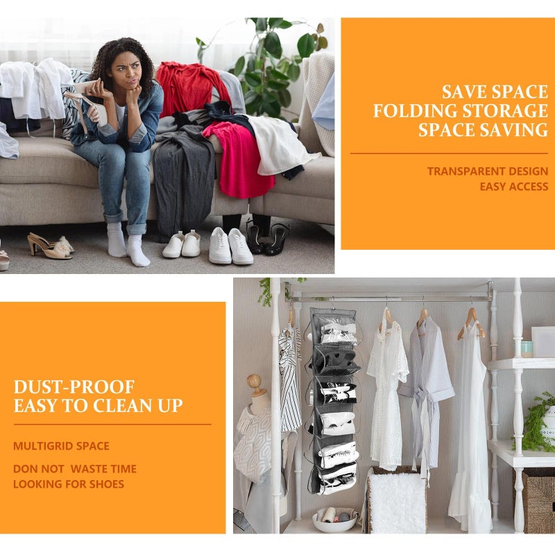 Barydat 3 Pcs Dual Sided Hanging Shoe Organizer 12 Clear Pockets Mesh Hanging Shoe Rack Holder with Rotating Hanger for Closet Storage Men Women Handbags Kids Clothing, Grey, White and Black - Image 4