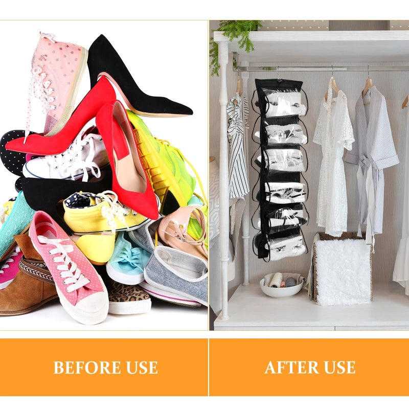 Barydat 3 Pcs Dual Sided Hanging Shoe Organizer 12 Clear Pockets Mesh Hanging Shoe Rack Holder with Rotating Hanger for Closet Storage Men Women Handbags Kids Clothing, Grey, White and Black - Image 3