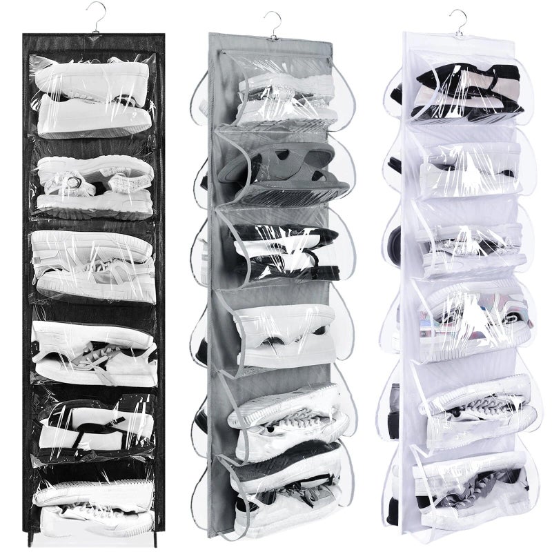 Barydat 3 Pcs Dual Sided Hanging Shoe Organizer 12 Clear Pockets Mesh Hanging Shoe Rack Holder with Rotating Hanger for Closet Storage Men Women Handbags Kids Clothing, Grey, White and Black - Image 1