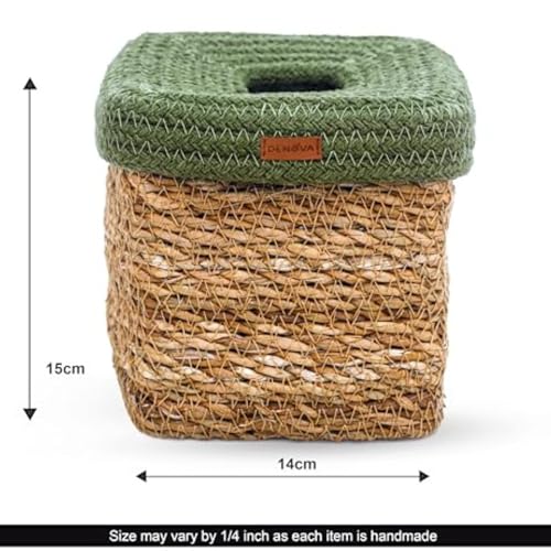 DENOVA Seagrass Tissue Box Holder | Square Facial Tissue Box Holder | Tissue Dispenser for Home/Office/Car (14X14X15 Cm, Natural + Olive) - Image 2