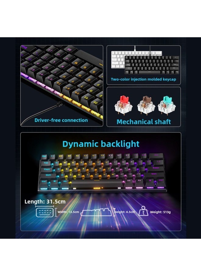 Generic 61 Key Wired Mechanical ACE Mixed Lights Hot Plug Mechanical Red Axis Mute Green Axis Office Game Keyboard Cross-border-Color:61 Keys - White And Black - Rgb - Sleeve Brown Switches  - Image 3