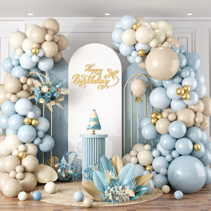 Sowide Dusty Blue Balloon Arch Kit,122Pcs Light Blue Sand White Metallic Gold Matte Balloons for Kids Boy Baby Shower Decorations Wedding Graduation Bridal Engagement Birthday Party Supplies - Image 1
