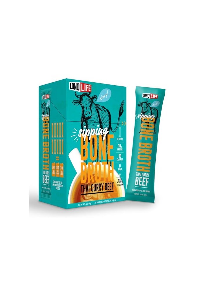 LonoLife Thai Curry Beef Bone Broth Powder Mix  GrassFed 10g Protein  CollagenRich Keto  Paleo Friendly  Natural Ingredients  10 Portable Stick Pack Servings - Image 1