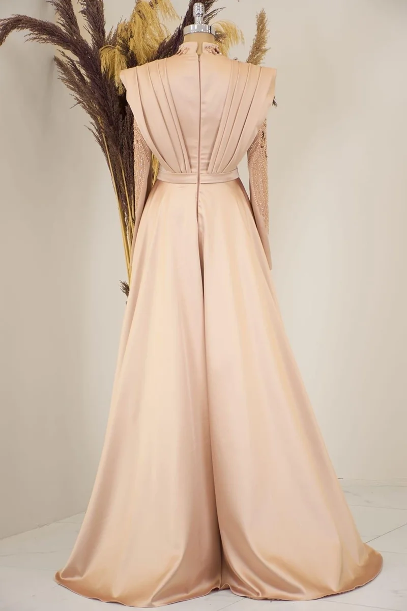اسيلانور Draped Front Tail Beaded Embroidered Miranda Hijab Evening Dress Gold