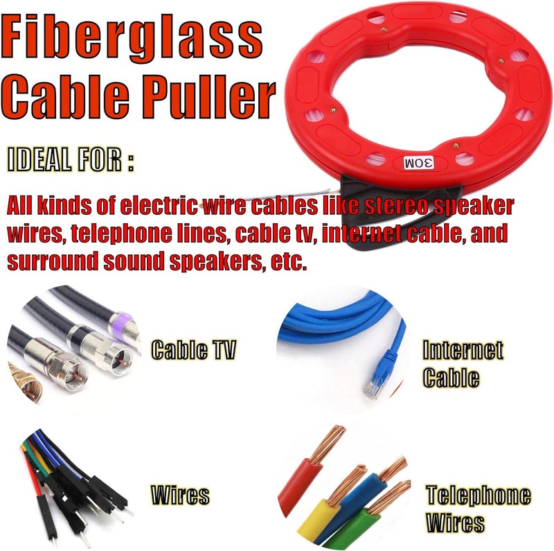 Homgee 30M Fiberglass Fish Tape Reel Puller Conductive Electrical Cable Puller with Impact Case Electric or Communication Wire Puller Use for Drywall Ceiling Under Rug Conduit or Pipe - Image 3