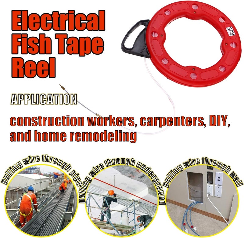 Homgee 30M Fiberglass Fish Tape Reel Puller Conductive Electrical Cable Puller with Impact Case Electric or Communication Wire Puller Use for Drywall Ceiling Under Rug Conduit or Pipe - Image 2