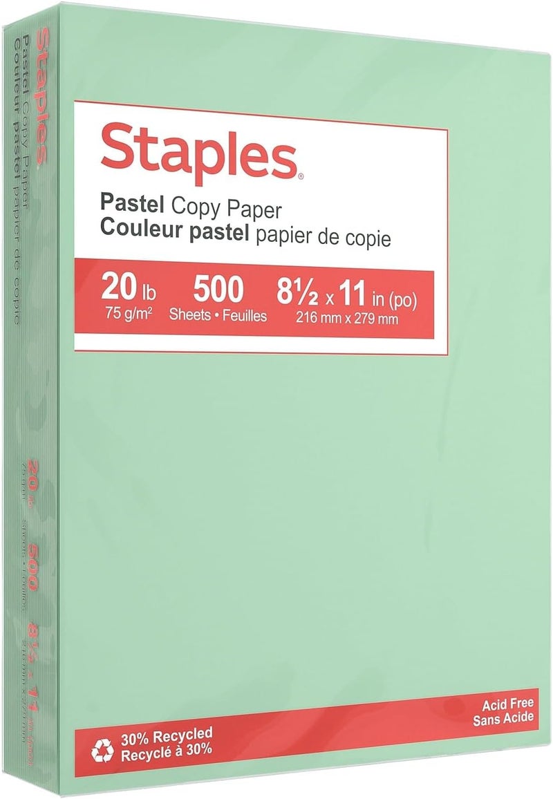 Staples 30% Recycled Color Copy Paper, 20 lbs., 8.5" x 11", Green, 500/Ream - Image 1