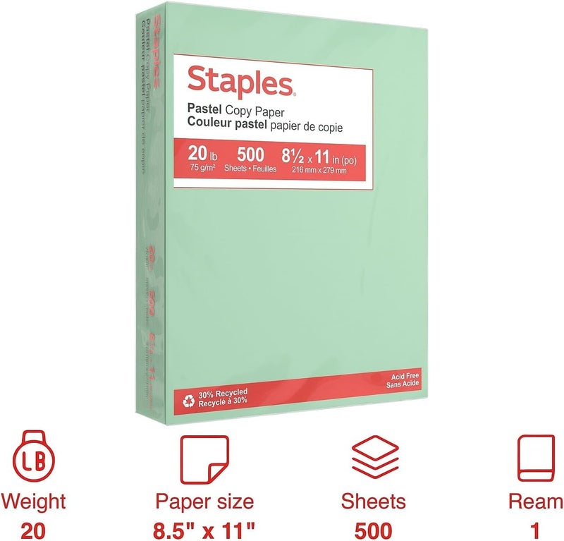 Staples 30% Recycled Color Copy Paper, 20 lbs., 8.5" x 11", Green, 500/Ream - Image 2