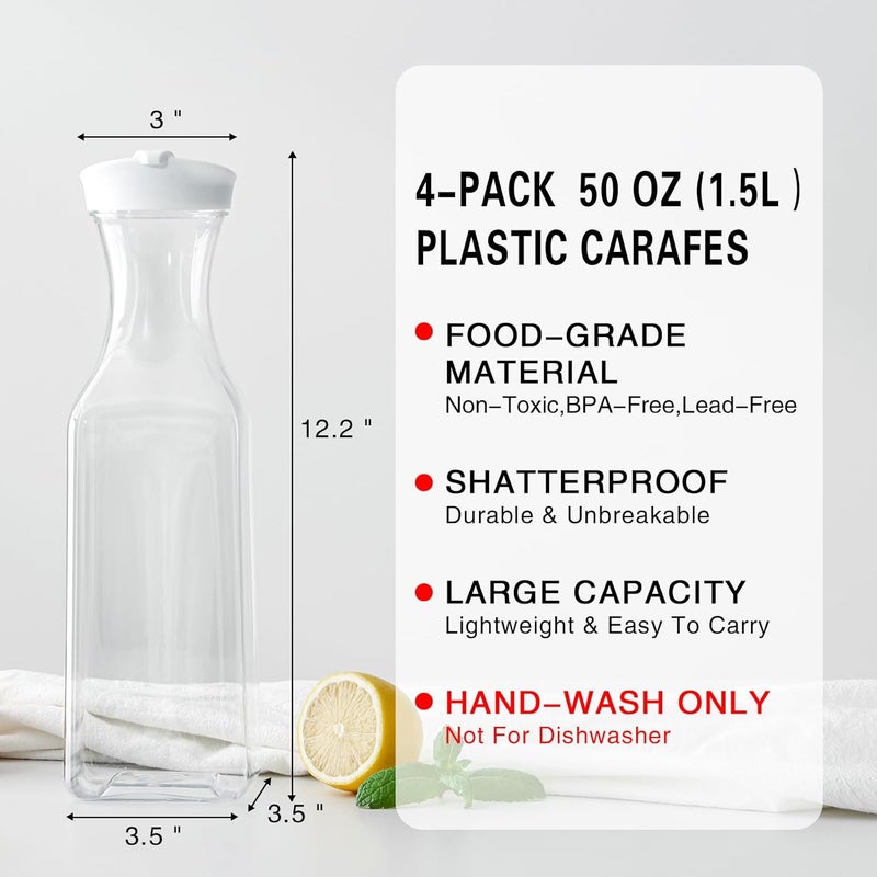 Cuiselect 50 Oz Water Carafe with Lids, Square Plastic Pitcher for Mimosa Bar, Drinks, Milk, Iced Tea, Juice Container for Fridge, BPA-Free, NOT DISHWASHER SAFE (4 Pack) - Image 2