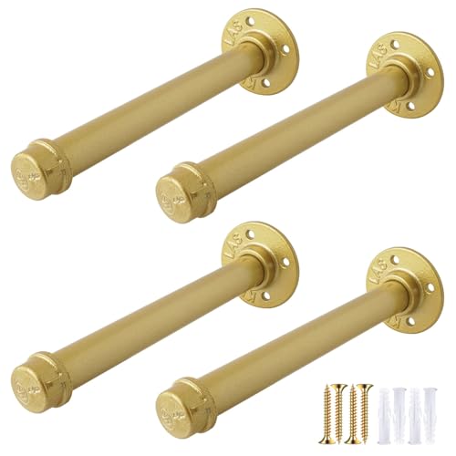 OVOV Gold Industrial Pipe Shelf Brackets Heavy Duty Pipe Floating Shelf Bracket Rustic Wall Mounted Shelving Support for Wood Board (14 Inch 4 Pack) - Image 1