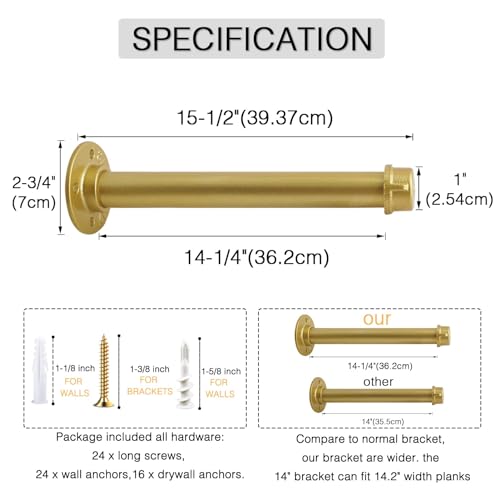 OVOV Gold Industrial Pipe Shelf Brackets Heavy Duty Pipe Floating Shelf Bracket Rustic Wall Mounted Shelving Support for Wood Board (14 Inch 4 Pack) - Image 4