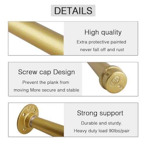 OVOV Gold Industrial Pipe Shelf Brackets Heavy Duty Pipe Floating Shelf Bracket Rustic Wall Mounted Shelving Support for Wood Board (14 Inch 4 Pack) - Image 3