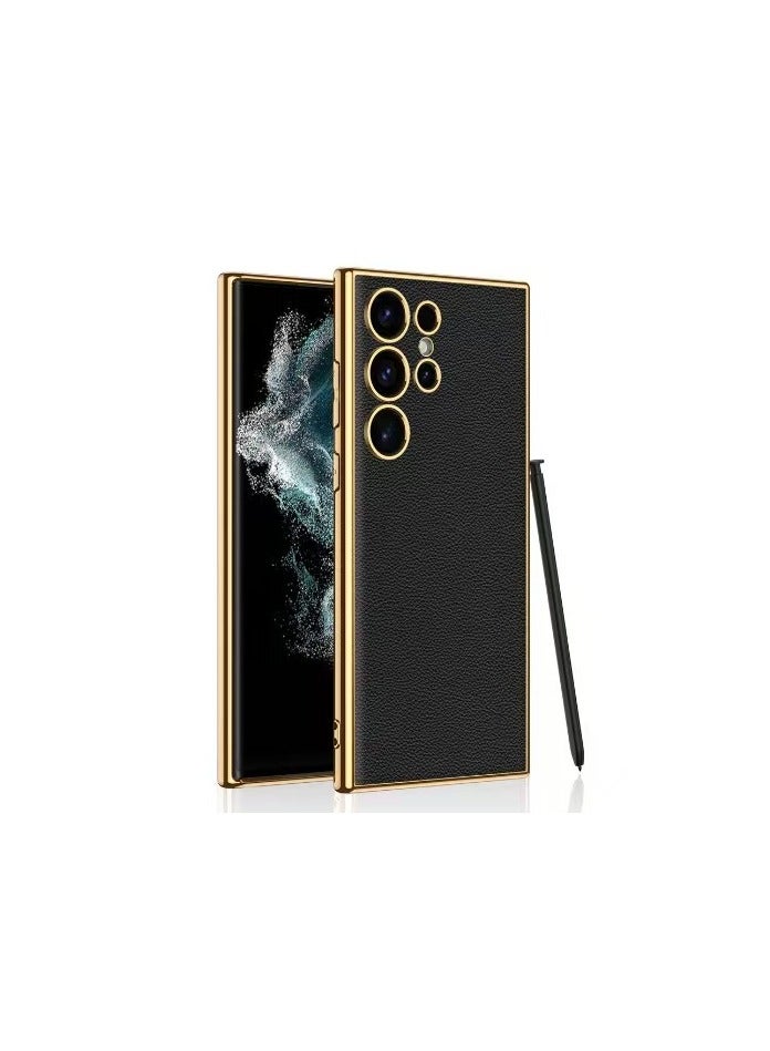 Compatible with Samsung S24Ultra Case, Deluxe Gold Plated Leather Business Premium Classic Case, Anti-Slip, Scratch Resistant Case (Black) - Image 1