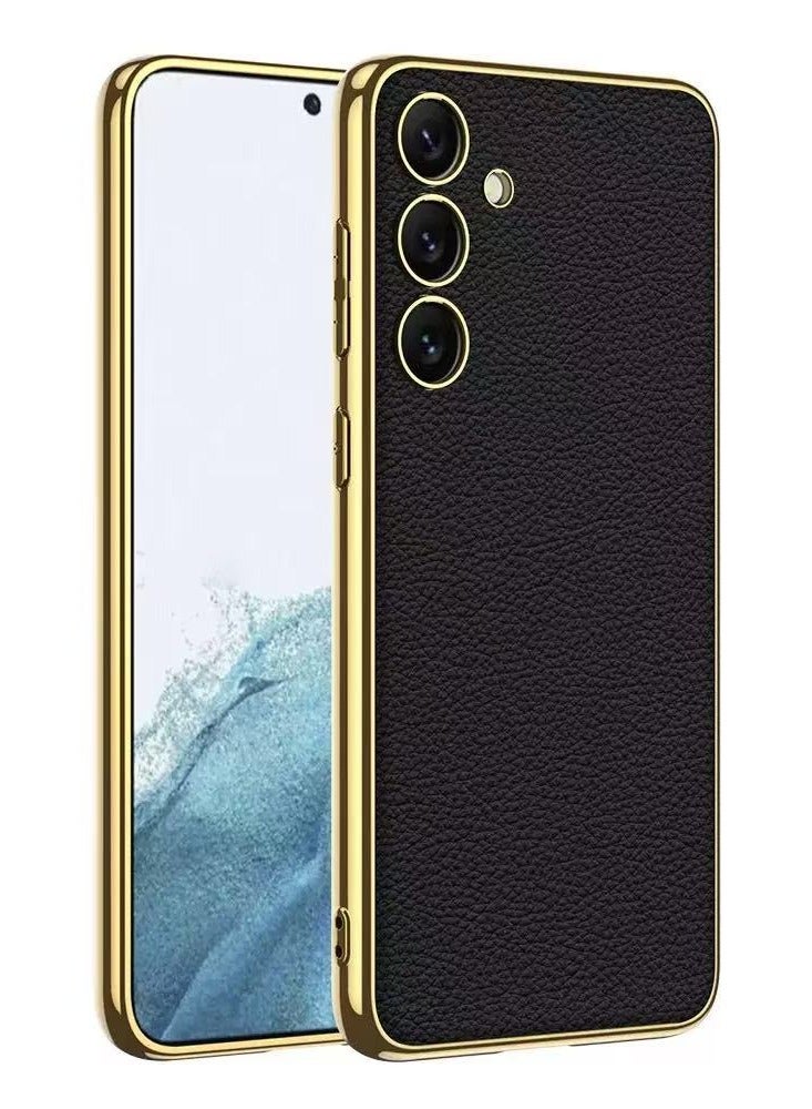 Compatible with Samsung S24Ultra Case, Deluxe Gold Plated Leather Business Premium Classic Case, Anti-Slip, Scratch Resistant Case (Black) - Image 2