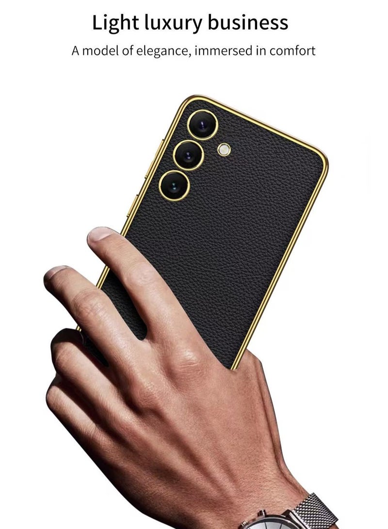 Compatible with Samsung S24Ultra Case, Deluxe Gold Plated Leather Business Premium Classic Case, Anti-Slip, Scratch Resistant Case (Black) - Image 3