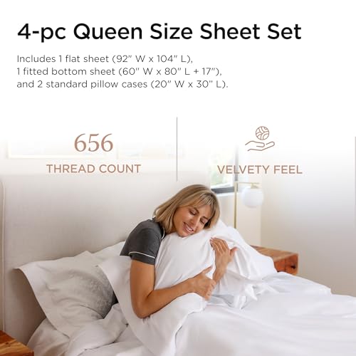 Threadmill Supima Cotton Sheets Queen | 656 Thread Count Queen Sheets for Queen Mattress | 4 Piece Luxury Bed Sheet | Sateen Weave Hotel Quality Sheet with Elasticized Deep Pocket| White Sheet - Image 2