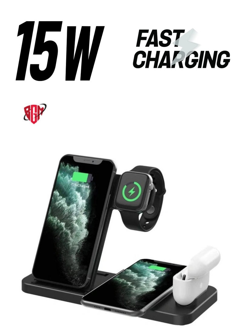 BGM 4 in 1 Wireless Charging Stand,, Fast Charger for Apple Watch, iPhone 13/12/11/ Pro Max/Mini/11/Pro/AirPods/Samsung smart phone etc  - Image 1