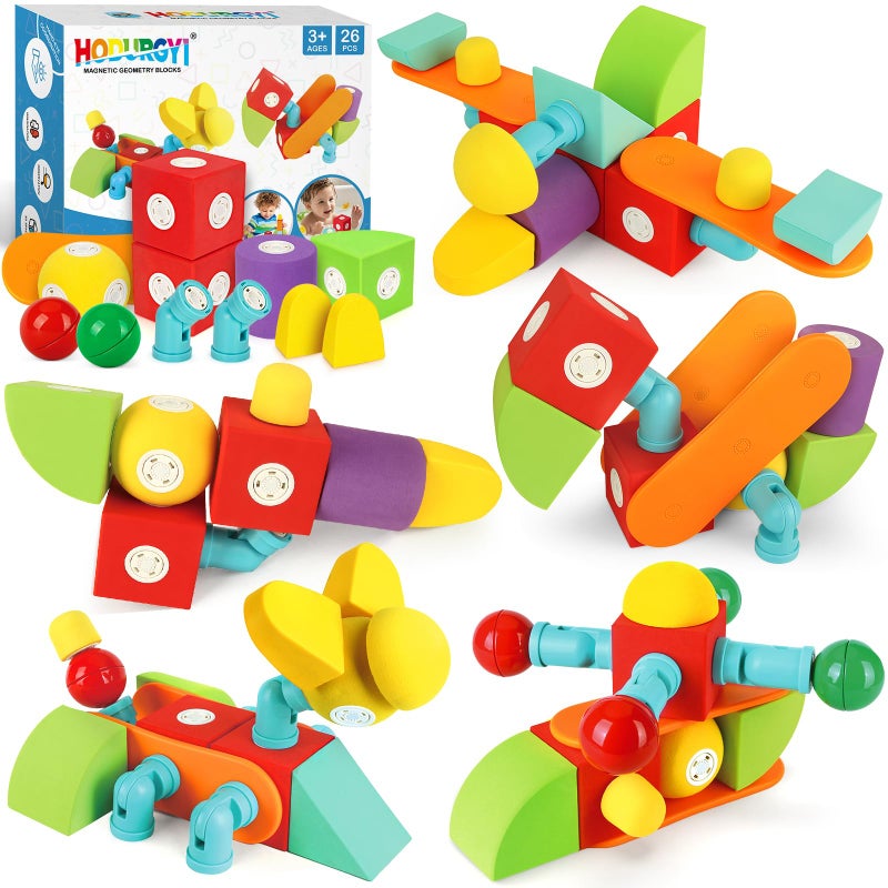 Hodurgyi 26 PCS Magnetic Foam Blocks STEM Preschool Toys for Children Magnetic Building Blocks for Toddlers Kids Bath Toys and Montessori Sensory Toys Birthday for Boys Girls Age 3 4 5 6 - Image 3
