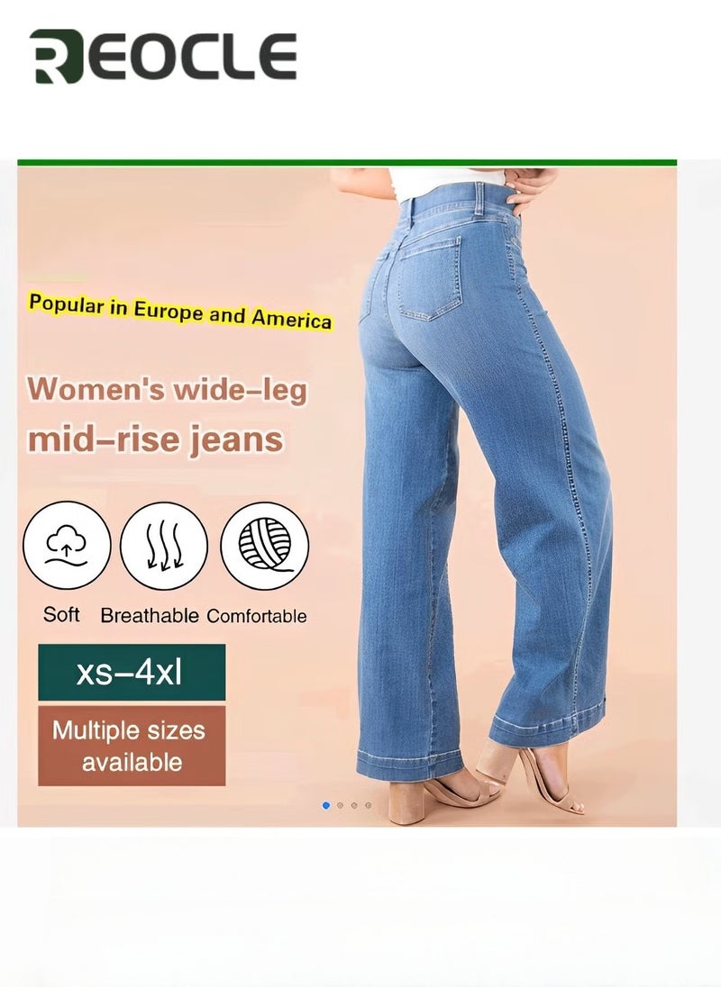 REOCLE Women's Leg Jeans Mid-Rise Stretchy Baggy Jeans Loose Stretchy Lightweight Jeans High Waist Wide Leg Straight Denim Pants with Pockets - Image 2