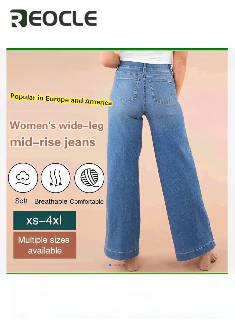 REOCLE Women's Leg Jeans Mid-Rise Stretchy Baggy Jeans Loose Stretchy Lightweight Jeans High Waist Wide Leg Straight Denim Pants with Pockets - Image 3